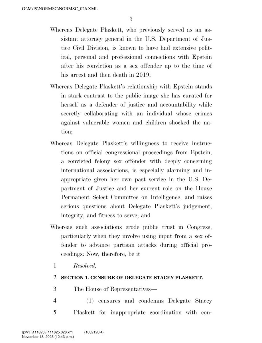 EricLDaugh's tweet image. 🚨 BREAKING: House Republicans file resolution censuring and INVESTIGATING Democrat member of Congress Stacey Plaskett due to her collusion with Jeffrey Epstein to hurt Donald Trump in 2019

It would also strip her of committees.

She was coached by Epstein. Don&apos;t let the Left…