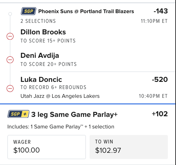 Project_Parlay_'s tweet photo. 💰 3-Leg Same Game Parlay+ (+102)
• Dillon Brooks 15+ Points
• Deni Avdija 20+ Points
• Luka Dončić 6+ Rebounds
Wager: $100
To Win: $102.97
Let’s cash this tonight 💵📈🔥
#NBA #NBABets #GamblingTwitter #SGP #ParlayBuilder https://t.co/JG3ywhcPZm