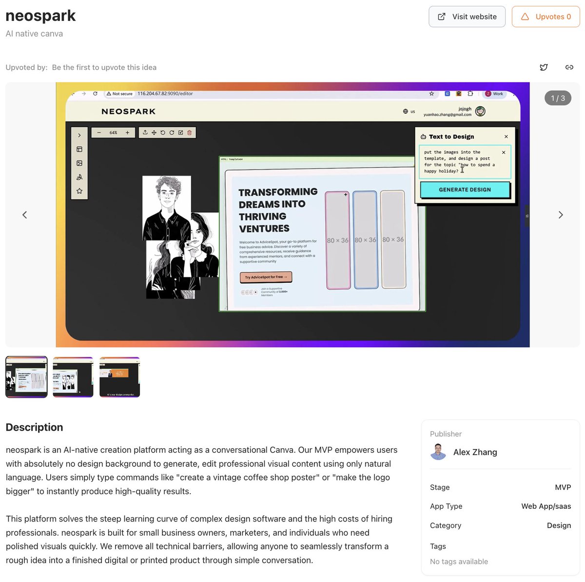 ideakilncom's tweet image. 🔥 Neospark
AI-native Canva alternative that designs from conversation.

🖌️ Create posters, visuals &amp;amp; layouts by typing what you want.
⚡ Zero design skills needed - just describe, generate, refine.

👉 ideakiln.com/ideas/neospark

#AI #DesignTools #NoCode #SaaS #buildinpublic