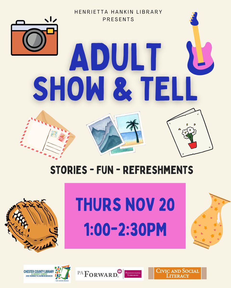HankinLibrary's tweet image. Come to our next ADULT SHOW &amp;amp; TELL on THURS NOV 20 at 1 pm. 

Share those small objects with big meaning — a collectible, hobby item, souvenir from a trip, or a favorite book. Item too big to carry? Bring in a photograph!

Register here: buff.ly/gGwr3l5 

#HankinLibrary