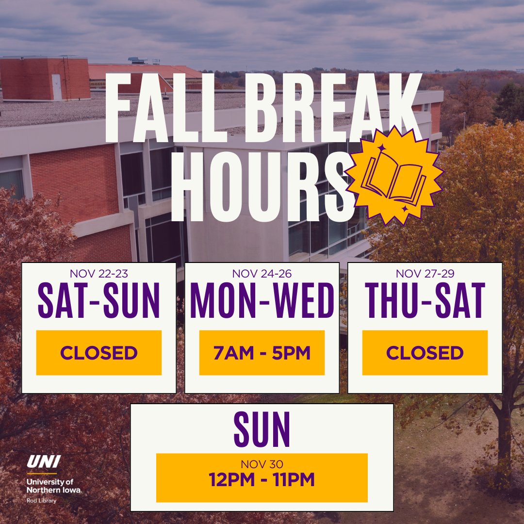 RodLibrary's tweet image. Fall break is coming up and the library’s still here for you (just on shorter hours)!🍂
Stop by to study, grab a movie, a game, or a good book during our adjusted schedule! 

 #LibraryHours #FallBreak #StudentLife #PantherPride #UniversityOfNorthernIowa