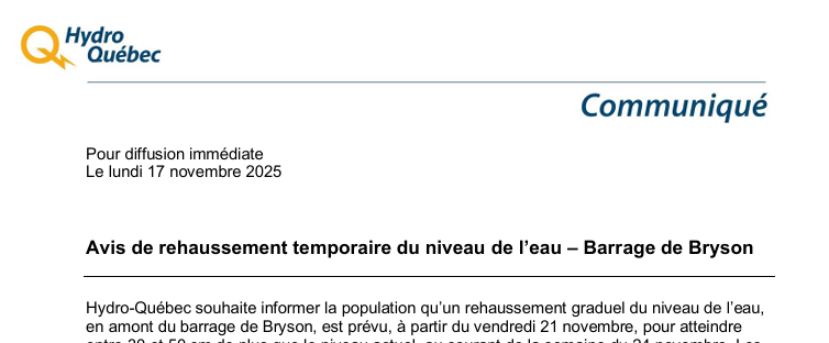 ORRPB's tweet photo. Hydro- Québec (a member of the ORRPB) posted a news bulletin regarding a temporary increase in water levels upstream of the Bryson Dam – Lake Coulonge. Visit the Latest News section on our website https://t.co/wgUIGFglw5 for more information #OttawaRiver https://t.co/woR9Xc39AP