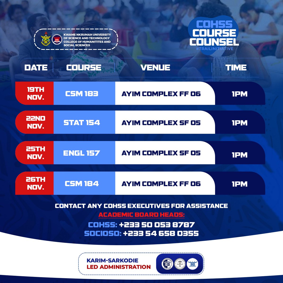 Owusuwaa91's tweet image. The College of Humanities and Social Sciences (COHSS KNUST) presents the COHSS COURSE COUNSEL #TRAIL-INITIATIVE,a series of course teaching sessions designed to guide students in their academic pursuits