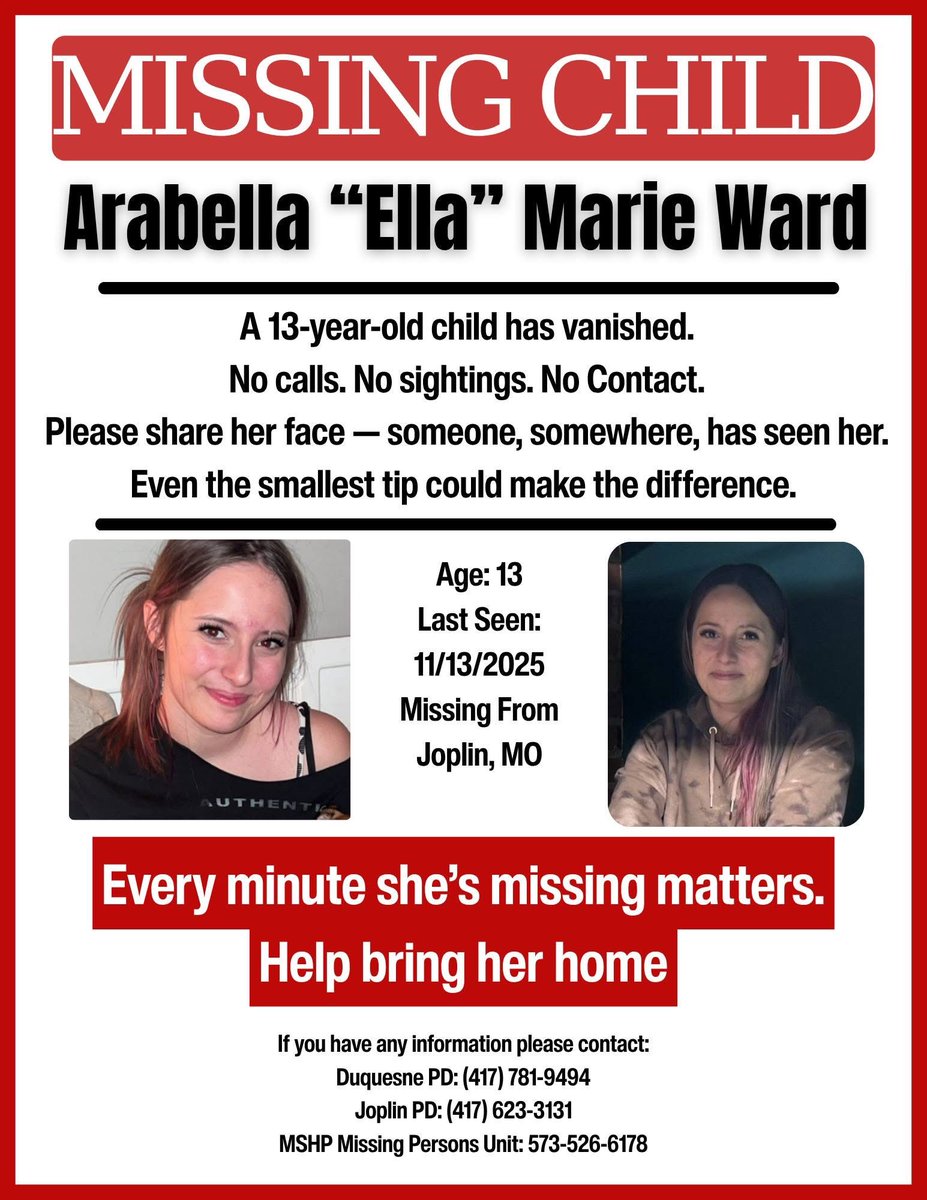 gracen0511's tweet image. Missing child from Jasper County, Missouri. 13 year old female. Met a guy on Snap Chat. He is 19 years old. Possibly named Josiah. Possibly heading to Northwest Arkansas. #truckers #HighwayPatrol #JasperCountyMissouri  #CyberSecurity #NorthwestArkansas