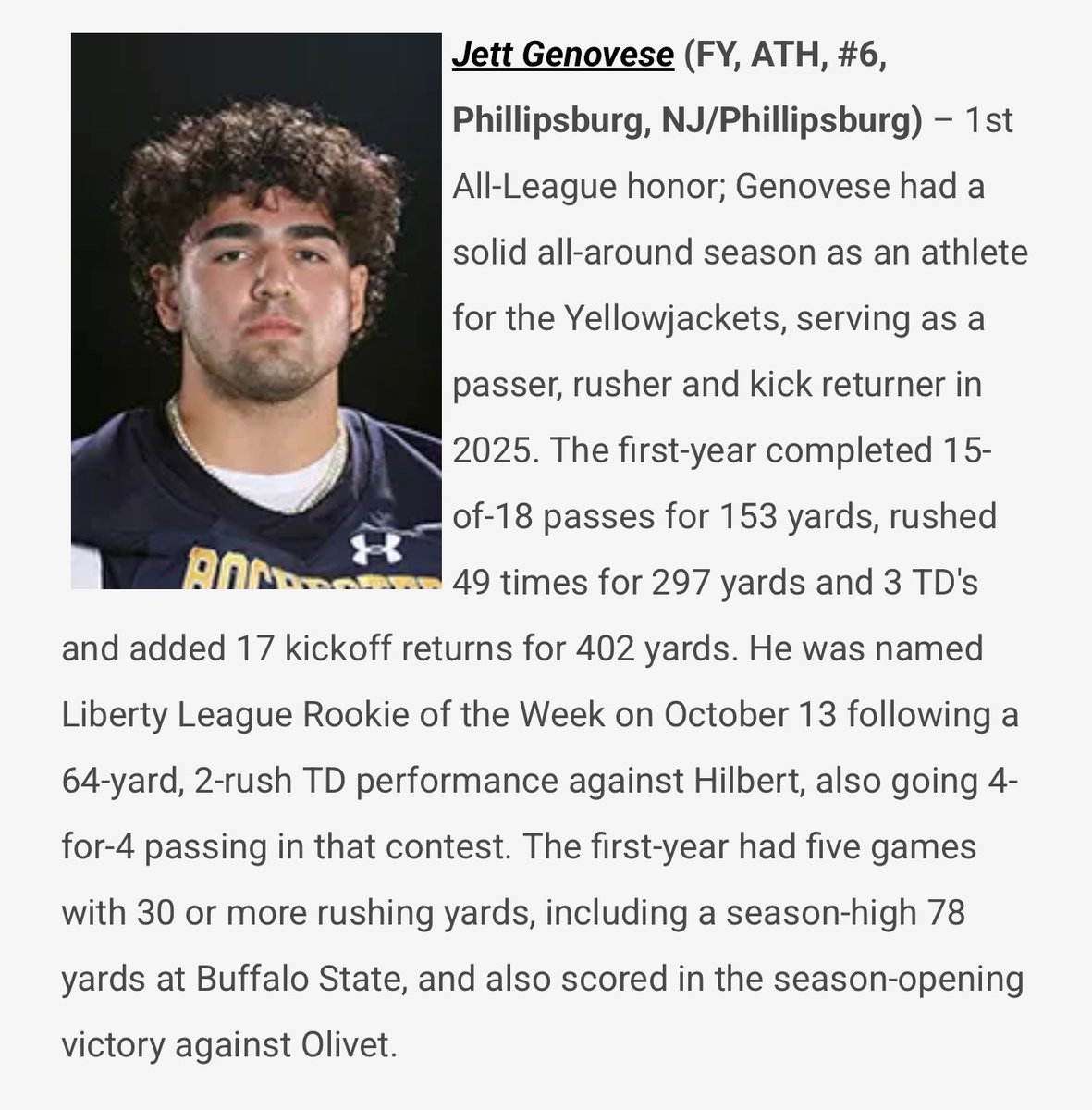 LinersFootball's tweet image. Congratulations to former Stateliner @GenoveseJett making a huge impact his freshman year at the University of Rochester!!!