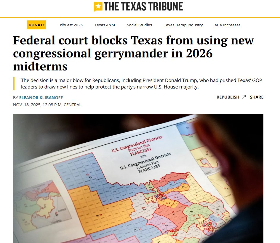 If you need to grasp why civil rights law is such a disaster, this is a good start: California changing its House maps to elect Democrats will be fine, because it just targets Republicans, while Texas's new House map is getting thrown out, because it's "racist."

Repeat this