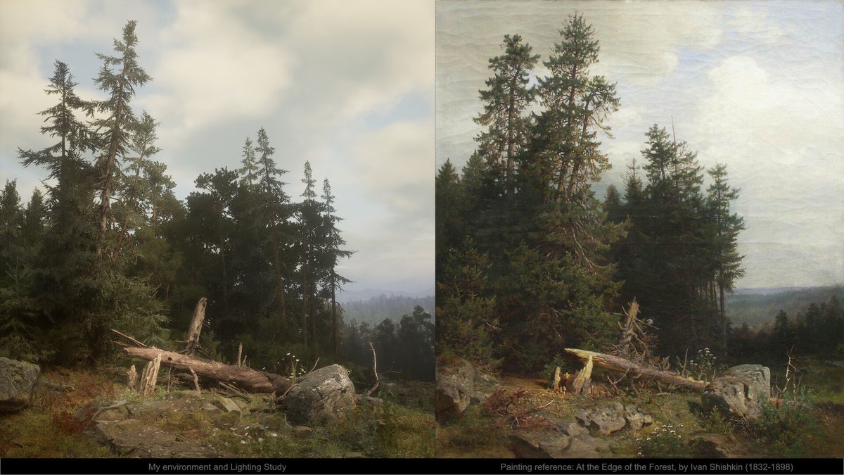Left: My Masterstudy recreation inside UE5

Right: original reference painting by Ivan Shishkin (1832-1898)
