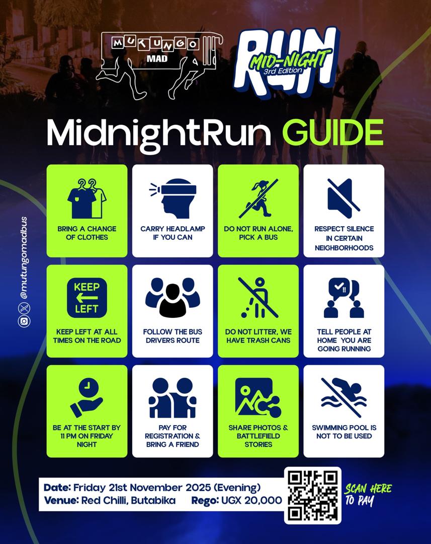 Legends gearing up for the #MidnightRun 3rd Edition THIS FRIDAY NIGHT! 

There is a Quick Guide, check it out🫸 🗞️Date: Fri 21st Nov 2025 (Evening)
📍Venue: Red Chilli, Butabika
💰Reg: UGX 20,000 &lt;QR code&gt; Scan to pay!

Chase the sunrise with us!🌤️