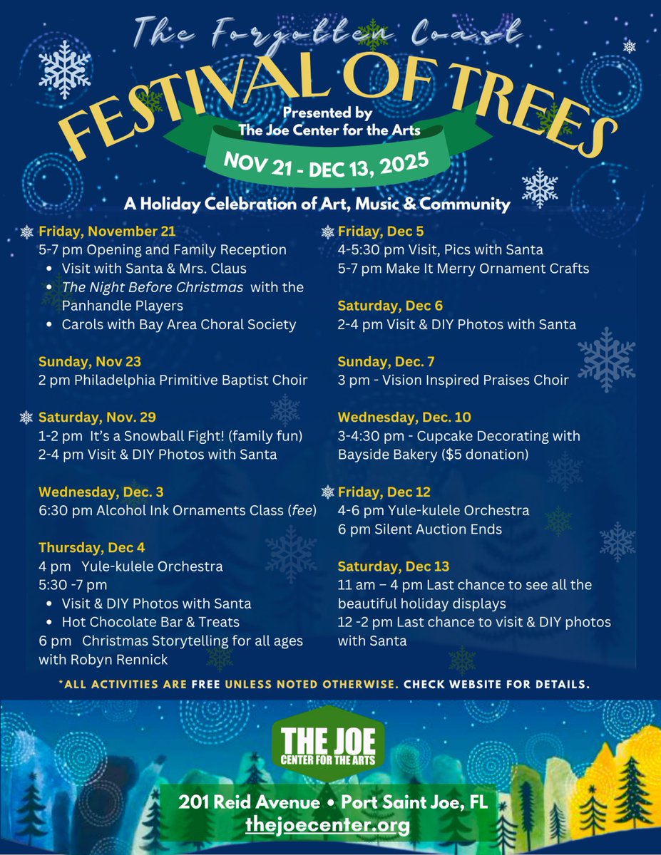 MainstayPSJ's tweet image. 🎄 Celebrate the season at the Forgotten Coast Festival of Trees! 🎅
Enjoy art, music, cocoa &amp;amp; holiday fun at The Joe Center for the Arts — most events are FREE!

🌴 Stay nearby at MainStay Suites Port St. Joe for cozy holiday comfort.
#PortStJoe #FestivalOfTrees #MainStaySuites