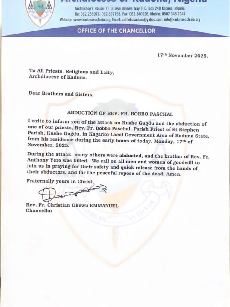 smgweb3's tweet image. Another Catholic priest has reportedly been abducted by Islamic terrorists in Kaduna.

Reverend Father Bobbi Paschal, Parish Priest of Saint Stephen Parish in Kushe Gugdu, Kagarko Local Government Area, Kaduna State, was taken in the early hours of Monday, November 17, 2025.