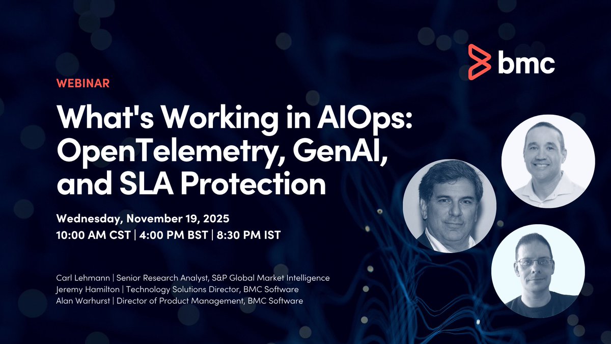 There’s still time to register for tomorrow’s #AIOps webinar with Carl Lehmann (S&amp;P Global Market Intelligence) plus <a href="/BMCSoftware/">BMC Software</a>'s Alan Warhurst and Jeremy Hamilton on #GenAI, #OpenTelemetry &amp; #SLAs.
📅 Nov 19, 10am CT
 🔗 event.webcasts.com/starthere.jsp?…
