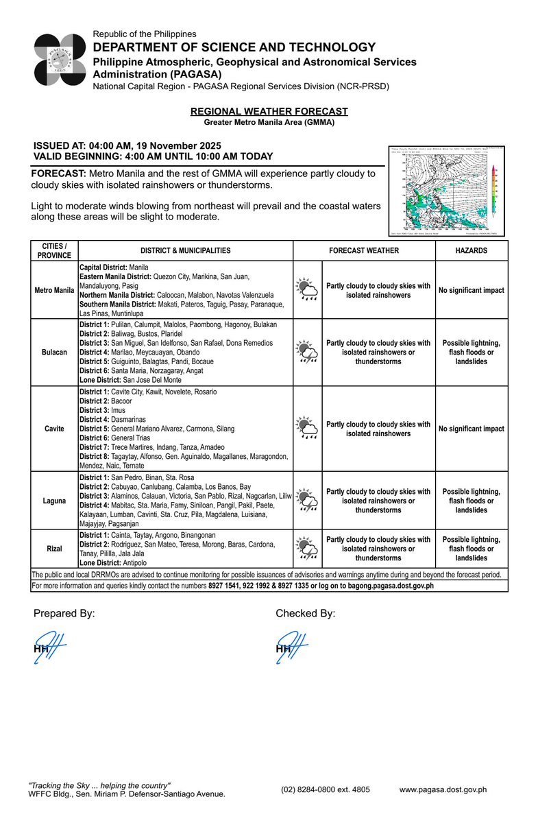 dost_pagasa's tweet image. REGIONAL WEATHER FORECAST for GREATER METRO MANILA AREA (GMMA) #NCR_PRSD
Issued at: 4:00 AM, 19 November 2025
Valid Beginning: 4:00 AM - 10:00 AM today     

pagasa.dost.gov.ph/regional-forec…
