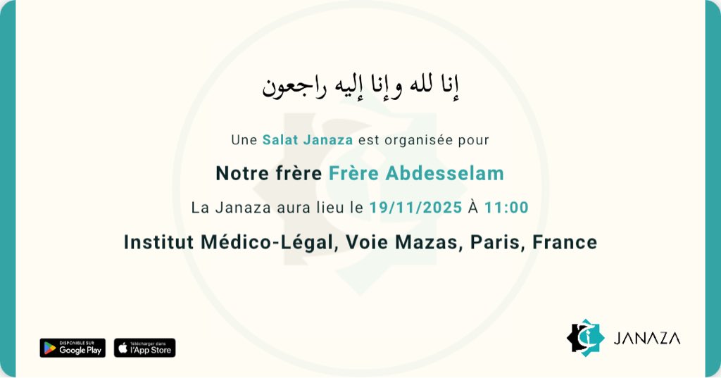 🚨SALAT JANAZA pour un jeune frère marocain de 18 ans, décédé tragiquement, sans papiers et sans famille en France, seul… dans un camion.

Demain, mercredi 19 novembre à 11h précises. Personne n’est présent pour l’accompagner dans son dernier voyage.

Nous avons donc un besoin
