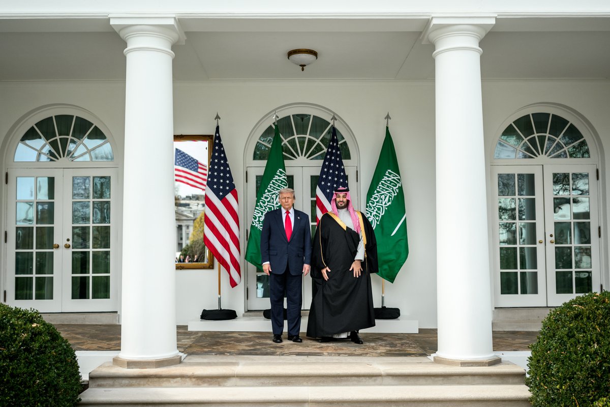 WhiteHouse's tweet image. President Donald J. Trump and Saudi Crown Prince Mohammed bin Salman. 🇺🇸🤝🇸🇦