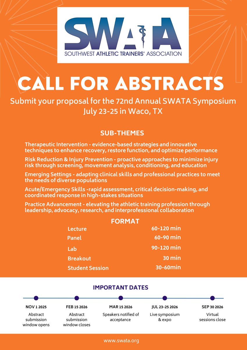 SWATAD6's tweet image. We are pleased to announce that the call for abstracts is now open for the 72nd Annual SWATA Symposium held July 23-25 in Waco, TX. This is a fantastic opportunity to share your latest research, innovative practices, and insights with fellow experts in the field.

Key Dates…
