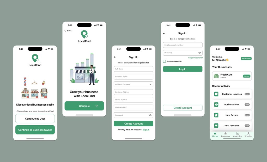 IamNerostic_'s tweet photo. Continuing my LocalFind concept,
today I designed the Business Owner flow: onboarding, auth screens, and the dashboard UI.
Feedback is welcome 💚
#UIDesign #UXDesign #LocalFind https://t.co/Wakm91ymFT