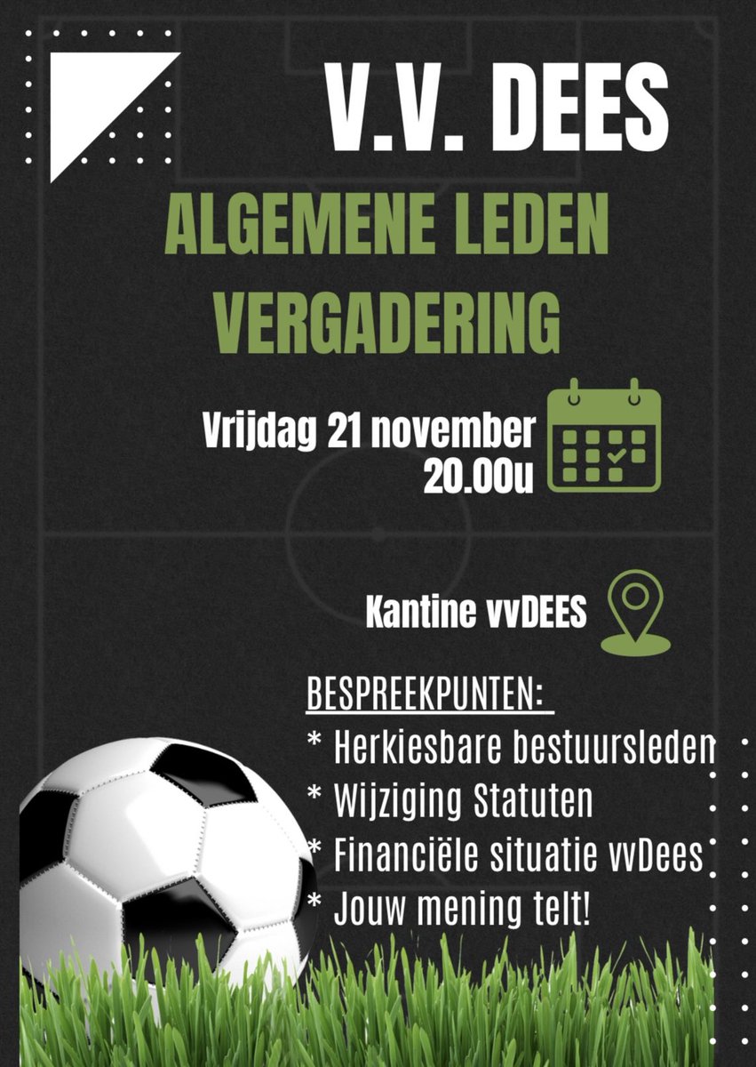 Attentie, attentie! 🔵⚪️

Vrijdag a.s. ledenvergadering op sportpark De Meren.
