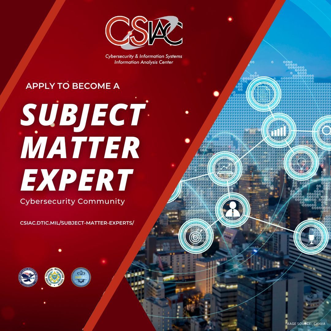 DoD_CSIAC's tweet image. Share your knowledge and experience with others and support the DoD cybersecurity community by joining our CSIAC subject matter expert (SME) network!
❇️ Learn more here:  buff.ly/9cMrs2O.

#cybersecurity #cyberexpert #softwaredevelopment #ai #ml #aiml #ar #vr #xr