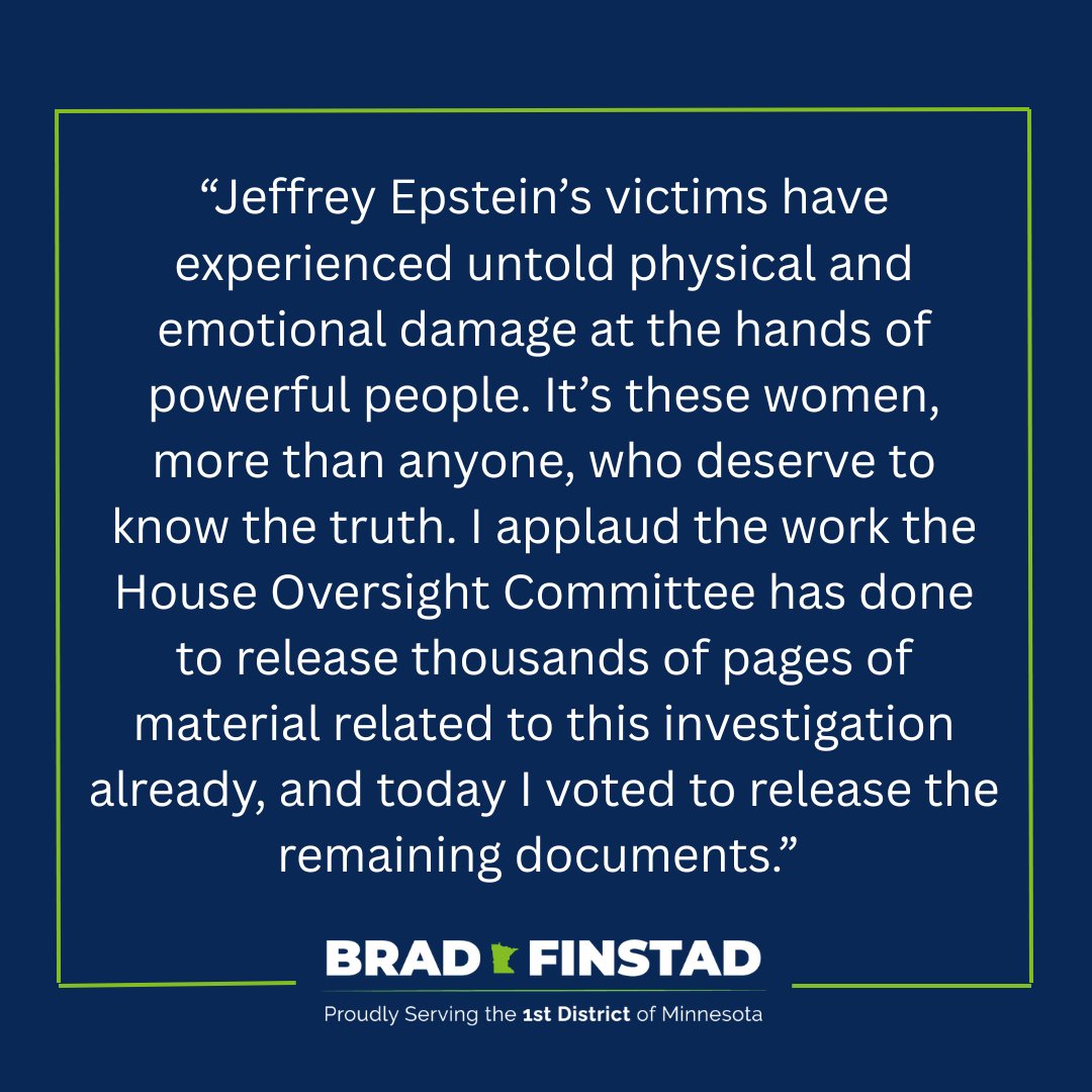 RepFinstad's tweet image. My statement on today’s vote to release the Epstein files.
