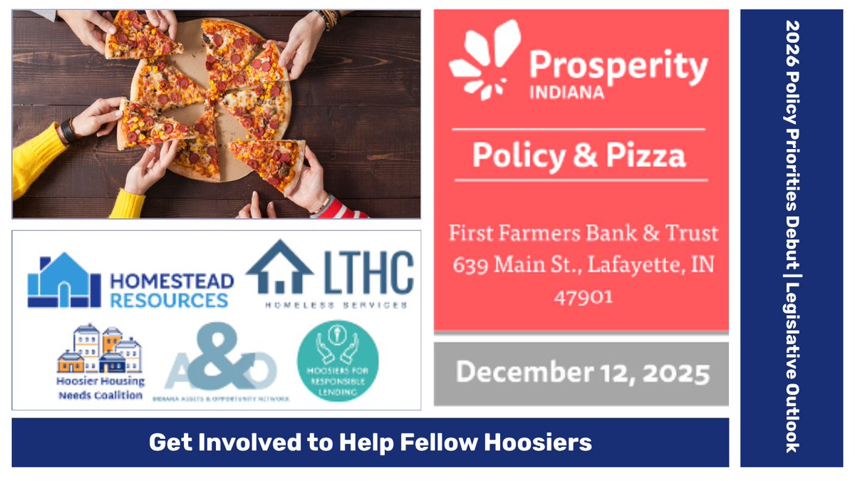 We're co-hosting Policy &amp; Pizza with <a href="/ProsperityInd/">Prosperity Indiana</a>!
Join us 12/12/2025 for a community conversation about strengthening housing and economic opportunity across Indiana! We need your voice! 
🍕Register:  prosperityindiana.org/event-6387922