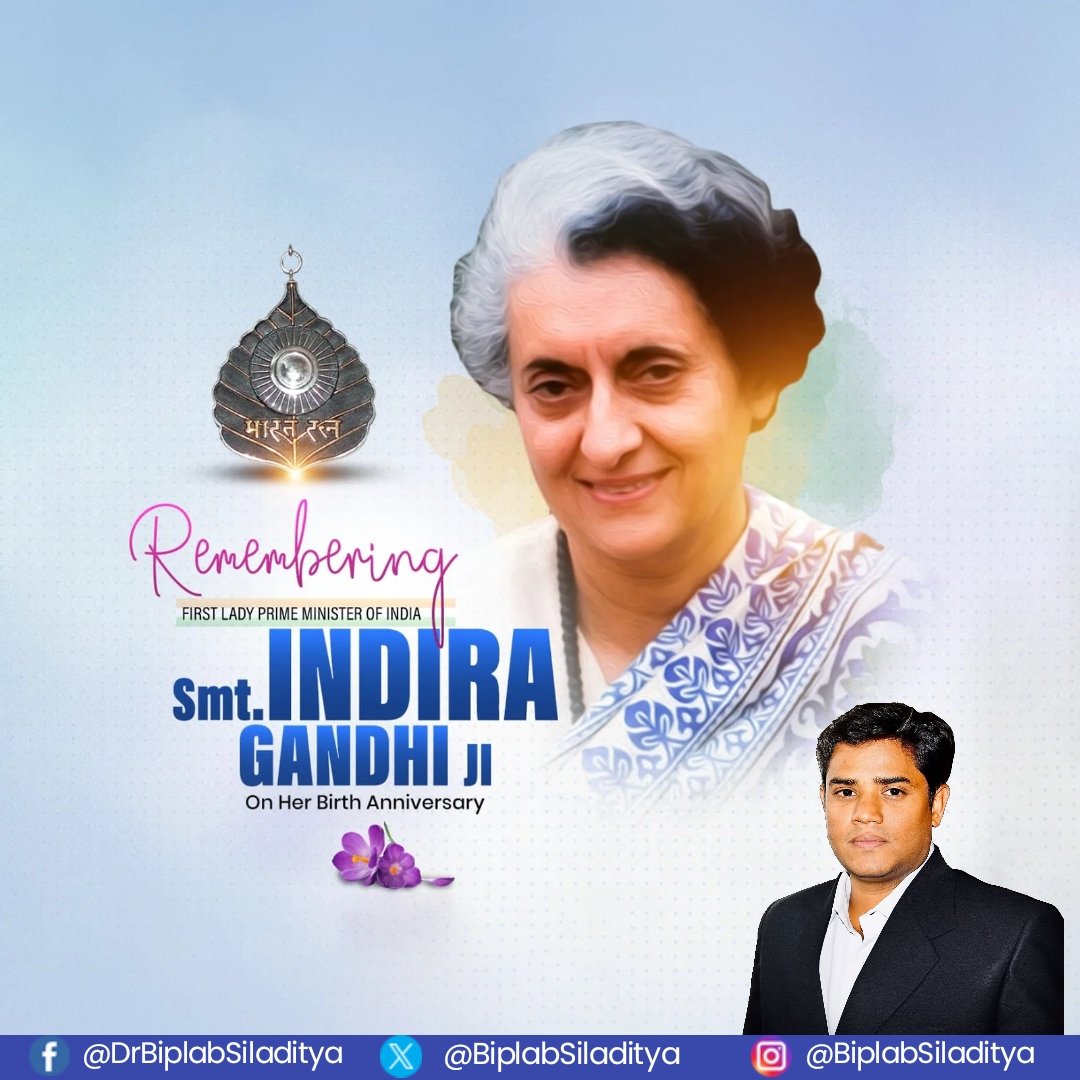 BiplabSiladitya's tweet image. On the Jayanti of Indira Gandhi, we remember a leader who stood firm in times of crisis and devoted every moment of her life to the service of the nation. Heartfelt tributes.