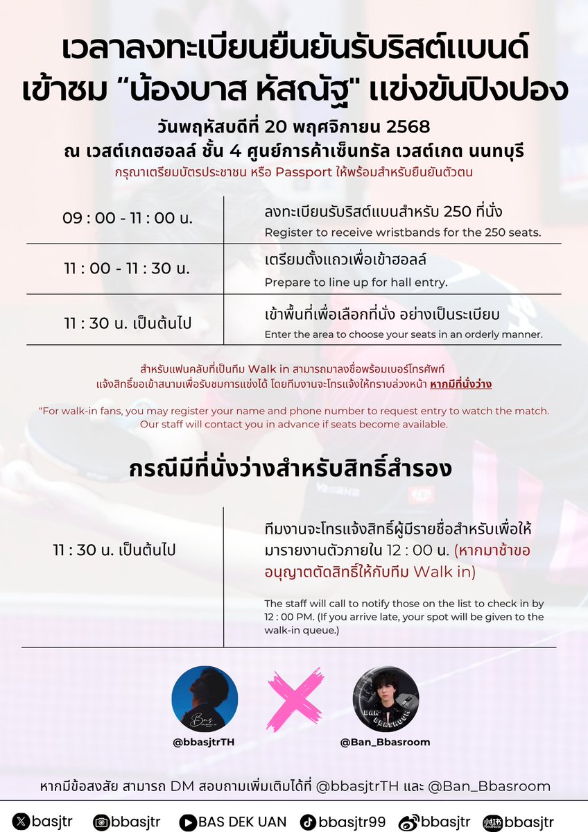 #บาสเด็กอ้วนที่แท้จริง #bbasjtr 

🔗 bit.ly/4o0qTBK

ประกาศรายชื่อผู้มีสิทธิ์เข้าพื้นที่ Fan zone จำนวน 250 ที่นั่ง (สำรอง 1 ที่นั่ง)

เพื่อเข้าชม “น้องบาส หัสณัฐ" แข่งขันปิงปอง ในวันที่ 20 พ.ย. 68 ณ เวสต์เกตฮอลล์ ชั้น 4 ศูนย์การค้าเซ็นทรัล เวสต์เกต นนทบุรี