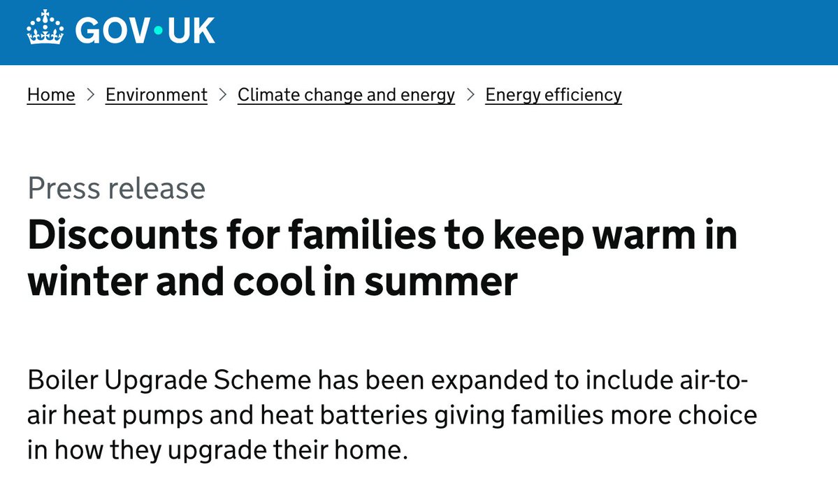 NEWS:

Air-to-air heat pumps, which can be used for cooling as well as heating, will now be included in the Boiler Upgrade Scheme.

Homes will be offered a £2,500 discount to install an air-to-air heat pump.