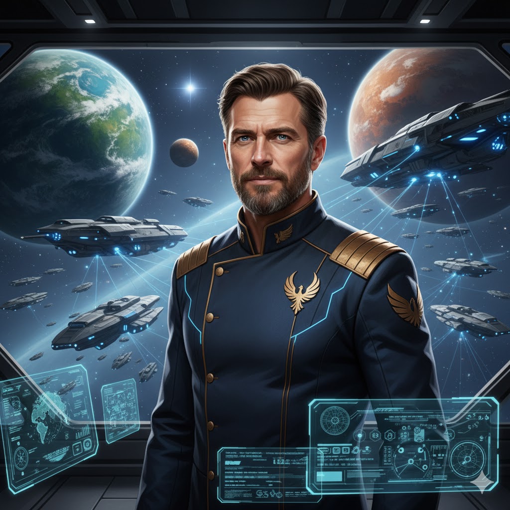 Emmaxx30's tweet image. The question isn&apos;t if we dare, but if we choose. I choose the distant light of AP3X. 🌠

Here is my vision of Captain Joshua Copperfield leading the fleet to our new home. Following the Protocol to the very end. 🫡

@theap3xuniverse #ApexUniverse #TheProtocol #Web3