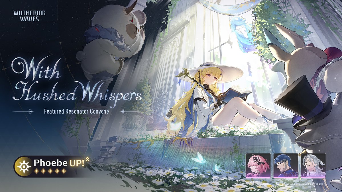 Wuthering_Waves's tweet photo. [With Hushed Whispers] Featured Resonator Convene: Boosted Drop Rate for Phoebe
During the event, 5-Star Resonator: Phoebe, 4-Star Resonators: Taoqi, Yuanwu, and Aalto receive boosted drop rates!

✦Duration✦
Version 2.8 update - 2025-12-11 09:59 (server time)

✦Eligibility✦
Reach Union Level 8 or complete the combat trial in "First Resonance" and activate the Convene function.

✦Convene Rules✦
- [With Hushed Whispers] is a Featured Resonator Convene event banner
- Use Radiant Tide to convene. You are guaranteed at least one 4-Star or higher rarity Resonator or Weapon every 10 attempts.
- The guarantee count is shared among all Featured Resonator Convene events and is carried over until a 5-Star Resonator is obtained.
- Featured Resonator Phoebe is exclusive to the [With Hushed Whispers] Featured Resonator Convene and will not be available by other means once the event ends.
- Featured Resonator Phoebe's Waveband will be simultaneously made available in the Afterglow Coral Store with a limit of 2 purchases, and it will be removed once the Convene event ends.
- During the event, all the Resonators who receive boosted drop rates will become available in Ascendant Aces as Trial Resonators. Complete their Ascendant Aces challenges to obtain rewards.

※For more details, please refer to the in-game Convene page.

#WutheringWaves
