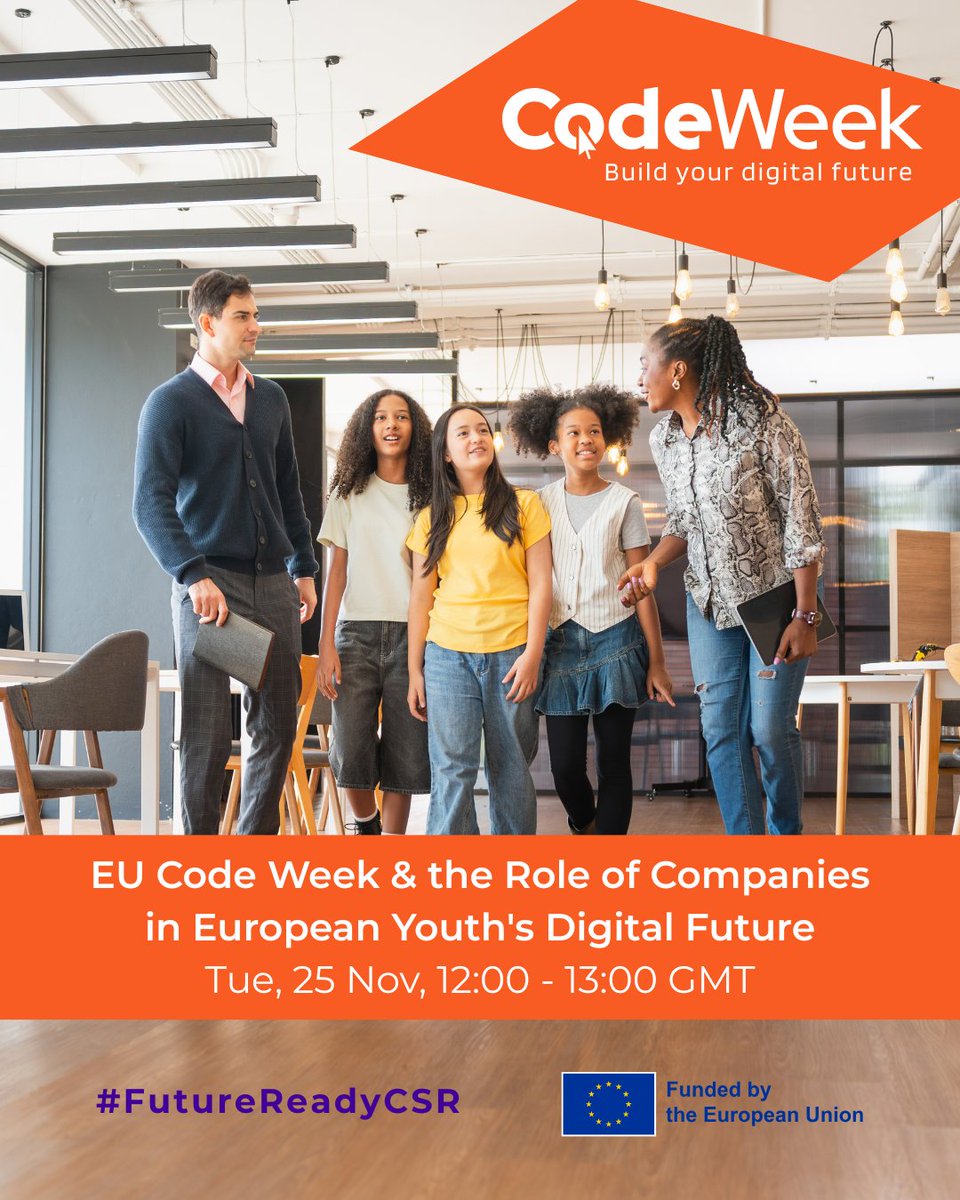 CodeWeekEU's tweet image. 🚀 Empower Europe’s digital future!

Join us on 25 Nov 2025, 12–1pm GMT for a one-hour online event on how businesses can boost youth #DigitalSkills.

Hear expert insights + discover CSR opportunities to help close the digital gap.

👉 Register: events.teams.microsoft.com/event/219ae7e3…

#CSR