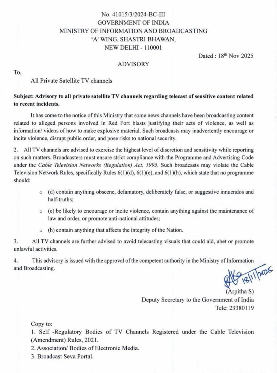 Centre Warns Private TV Channels Against Airing Sensitive, Provocative Content, Issues Advisory

Ministry of Information and Broadcasting on Tuesday issued an advisory to all private satellite television channels, urging them to refrain from airing sensitive or provocative