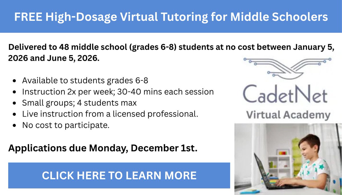 Thanks to a generous grant from the <a href="/HamptonRoadsCF/">Hampton Roads Community Foundation</a>, CBA will deliver a high-dosage tutoring program to 48 middle school students at no cost. Applications due Dec. 1st. cba-va.org/cadetnet-tutor…