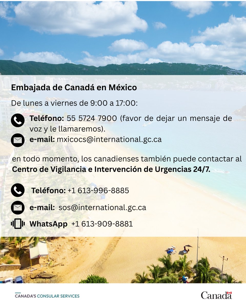 📢 Atención canadienses en Guerrero 
Los servicios presenciales en la Agencia Consular de 🇨🇦 en Acapulco se reanudarán pronto. Los servicios consulares siguen estando disponibles para los canadienses 24/7. Si necesita asistencia inmediata hoy, comuníquese con nosotros como sigue: