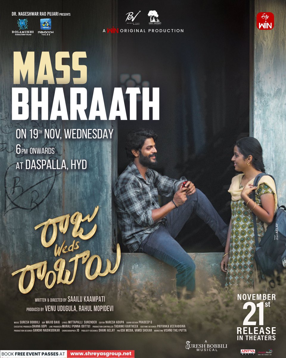 ProSreenuSuresh's tweet image. Join us for a grand celebration of the GREATEST LOVE STORY before it hits on the big screen ❤️❤️

#RajuWedsRambai Pre Release Event Tomorrow from 6PM Onwards at Daspalla, HYD 💥

Book Your Passes Here for Mass Baarath 🎟️ shreyas.media/rwr

#RajuWedsRambaiOnNov21st