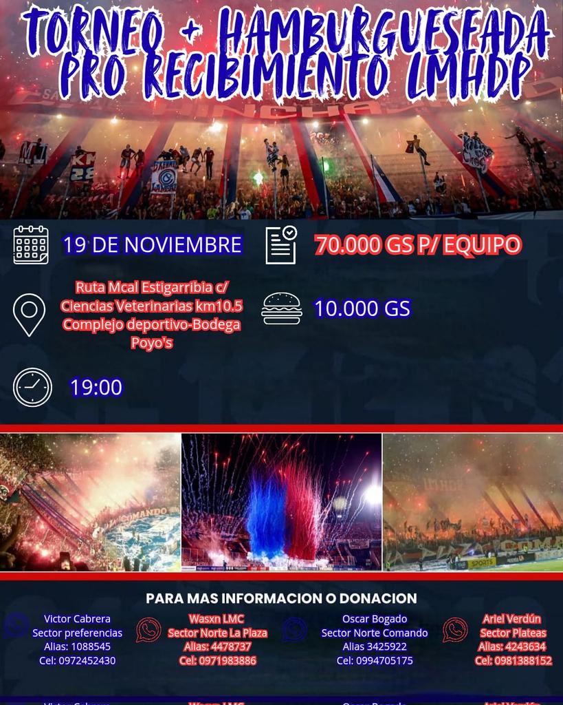 Gran convocatoria a toda la hinchada azulgrana!
Torneo Relampago de La Mejor Hinchada Del País para recaudar fondos para el recibimiento, veni a compartir con la familia y los amigos! 🔵🔴🔵🔴