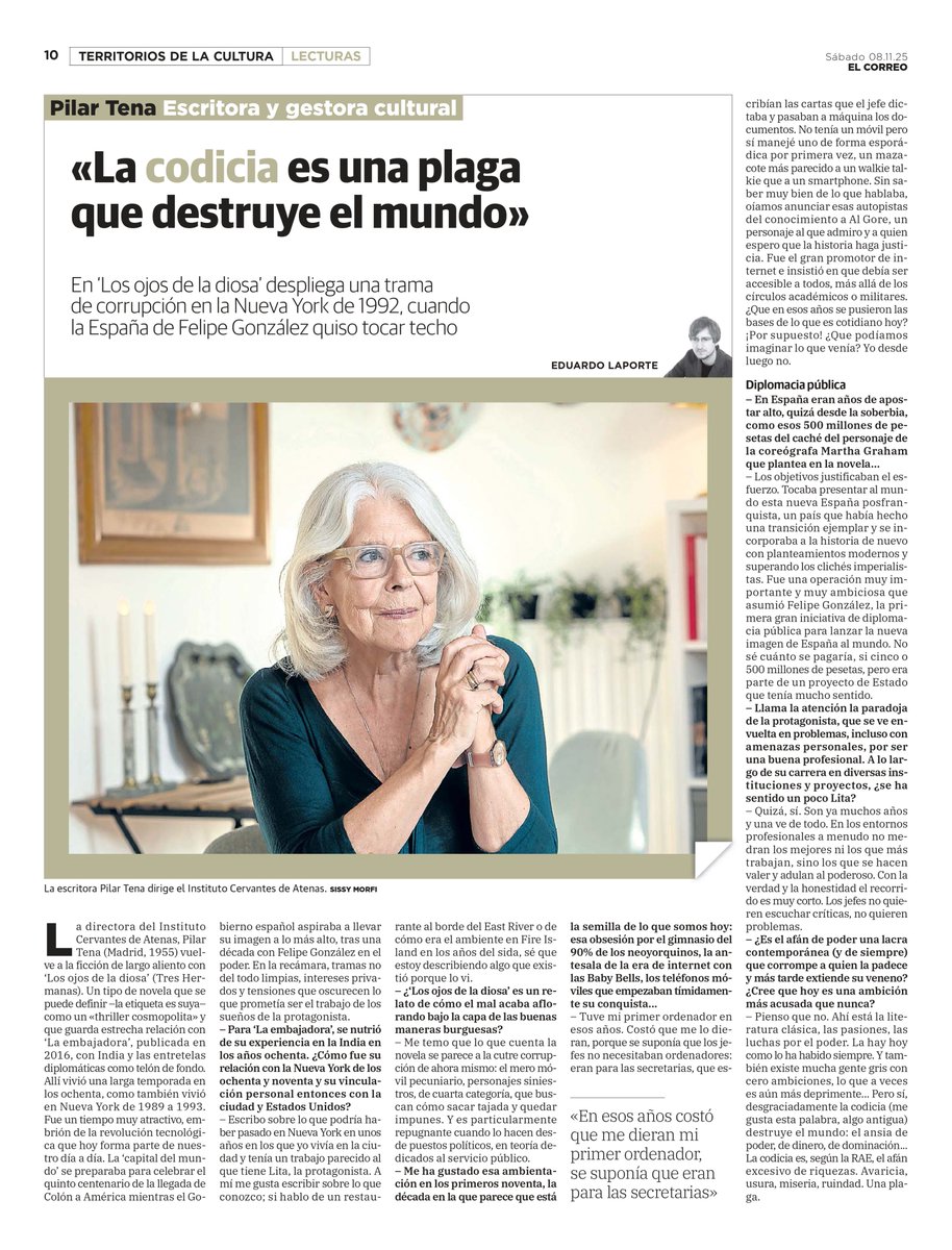Gracias a <a href="/elcorreo_com/">El Correo</a> por publicar esta entrevista de   <a href="/EduardoLaporte/">Eduardo Laporte 🍉</a> sobre "Los ojos de la diosa". Lees entre líneas y comprendes. Novelas que cuesta mucho escribir y que estas preguntas inteligentes nos ayudan a desentrañar. Gracias <a href="/TresHermanasLib/">Tres Hermanas Libros</a>