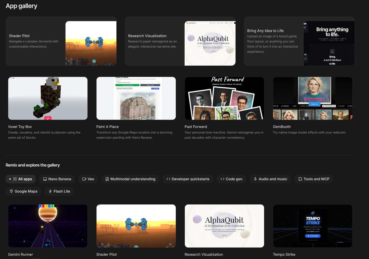 FixlationAI's tweet image. AI Studio&apos;s App Gallery has been updated with Gemini 3.0 examples that you can use right now. 

Gemini 3.0 Pro is also available in the apps section! 👀