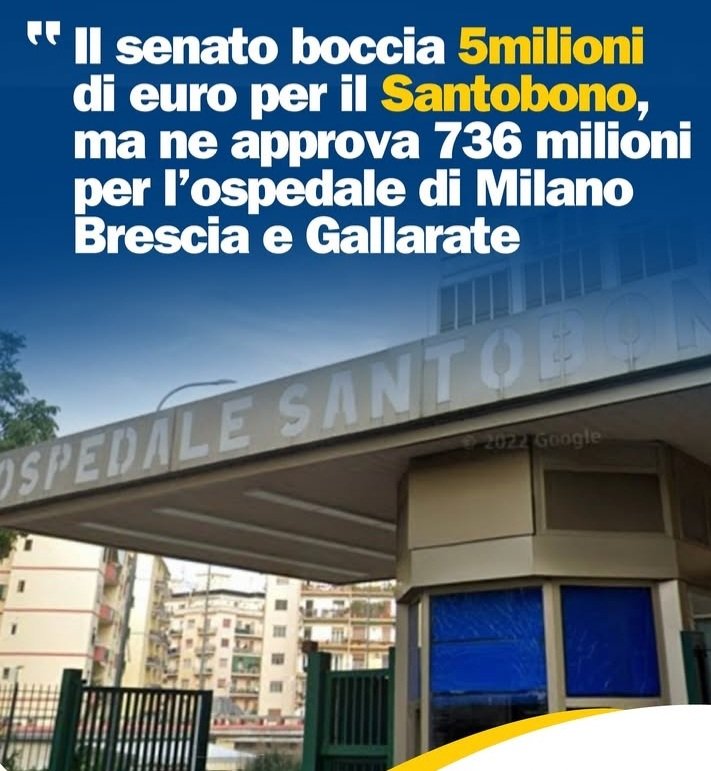 DavideR46325615's tweet photo. La maggioranza ha BOCCIATO un emendamento del M5S che stanziava 5 milioni di €uro per l'ospedale pediatrico Santobono di Napoli, ma ne approva 736 per gli ospedali del nord.
Ricordatevelo domenica e lunedì, quando si andrà a votare per le elezioni regionali in Campania e Puglia. https://t.co/mhzR41RnL7