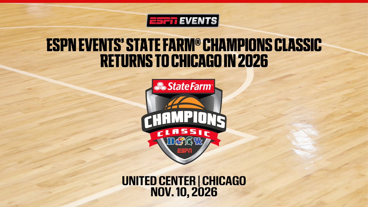 In 2026, the @espnevents' State Farm Champions Classic returns to Chicago to open the '26-'27 #NCAAMBB season

🗓️ Nov. 10, 2026
📍 United Center

The ESPN doubleheader will feature @msu_basketball-@dukembb &amp; @kuhoops-@kentuckymbb

More: bit.ly/4oJcon9
