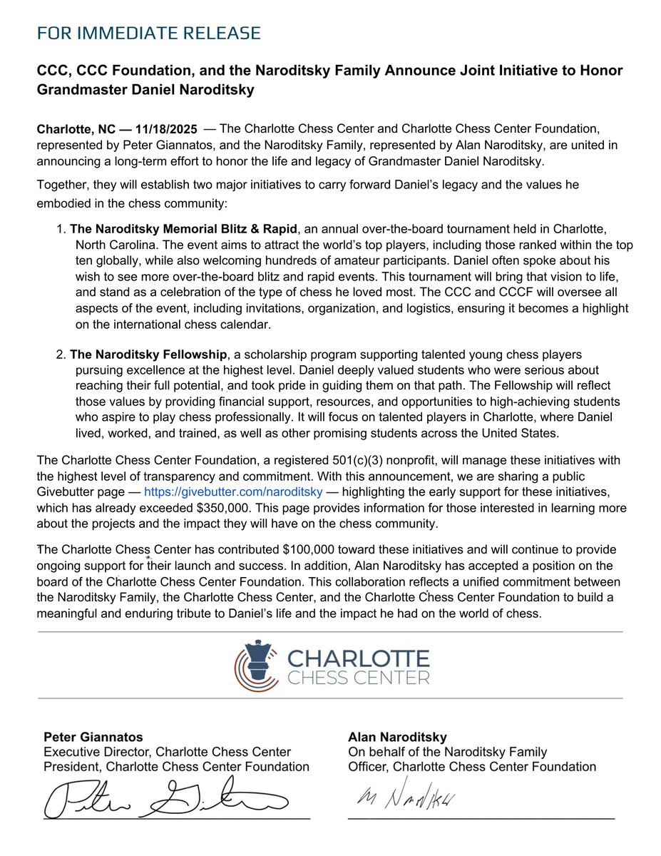 CLTchesscenter's tweet image. Daniel Naroditsky was more than a grandmaster, he was our colleague, a teacher, mentor, and friend whose passion and generosity shaped the Charlotte chess community and beyond. 

The Charlotte Chess Center is proud to carry forward his legacy: givebutter.com/naroditsky