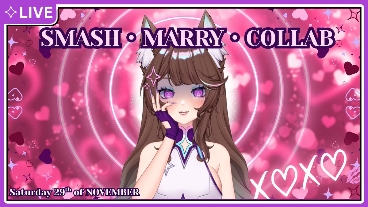 ✦₊⁺ SMASH・MARRY・COLLAB ⁺₊✦

⟢ Im doing a Smash or Pass with a spin, I will be streaming it on 29th of November &lt;3
⟢Any Vtuber / PNGtuber can join! Please submit your pngs with a small introduction!
⟢ Ill see all of your pretty faces on the 29th!! 💖