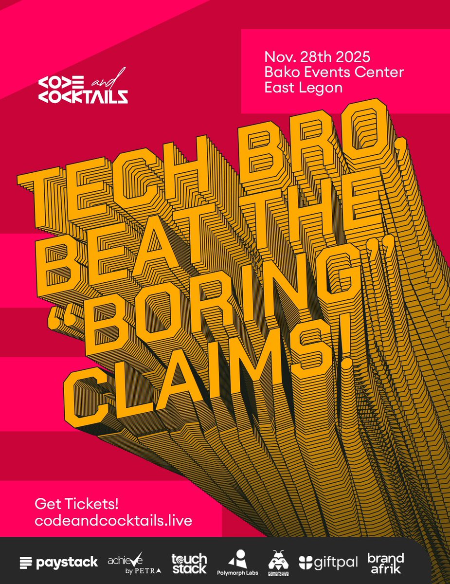 codeNcocktails's tweet image. TECH BROS ARE BORING!

No be we talk am oo, we also saw it somewhere.
Prove them wrong by partying harddd at #TechParty25. Let’s put these rumors to bed once and for all!

📆Nov. 28th 2025 || 6:00pm || Bako Events Center

🎫Get tickets now:
codeandcocktails.live