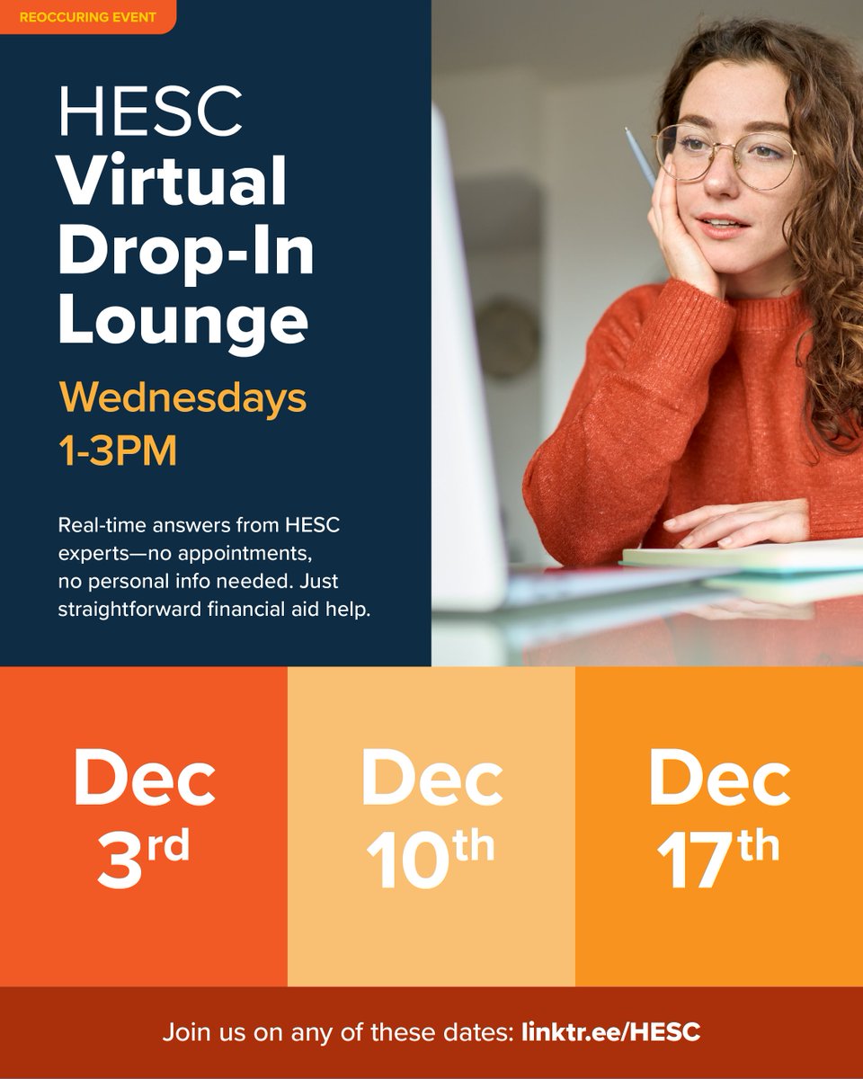 December is a busy month. 🎁☃
Get real-time help on all of your financial aid questions with no appointment needed.

Join us Wednesdays this month from 1-3PM. Note we will not hold events on the 24th and 31st.
linktr.ee/HESC