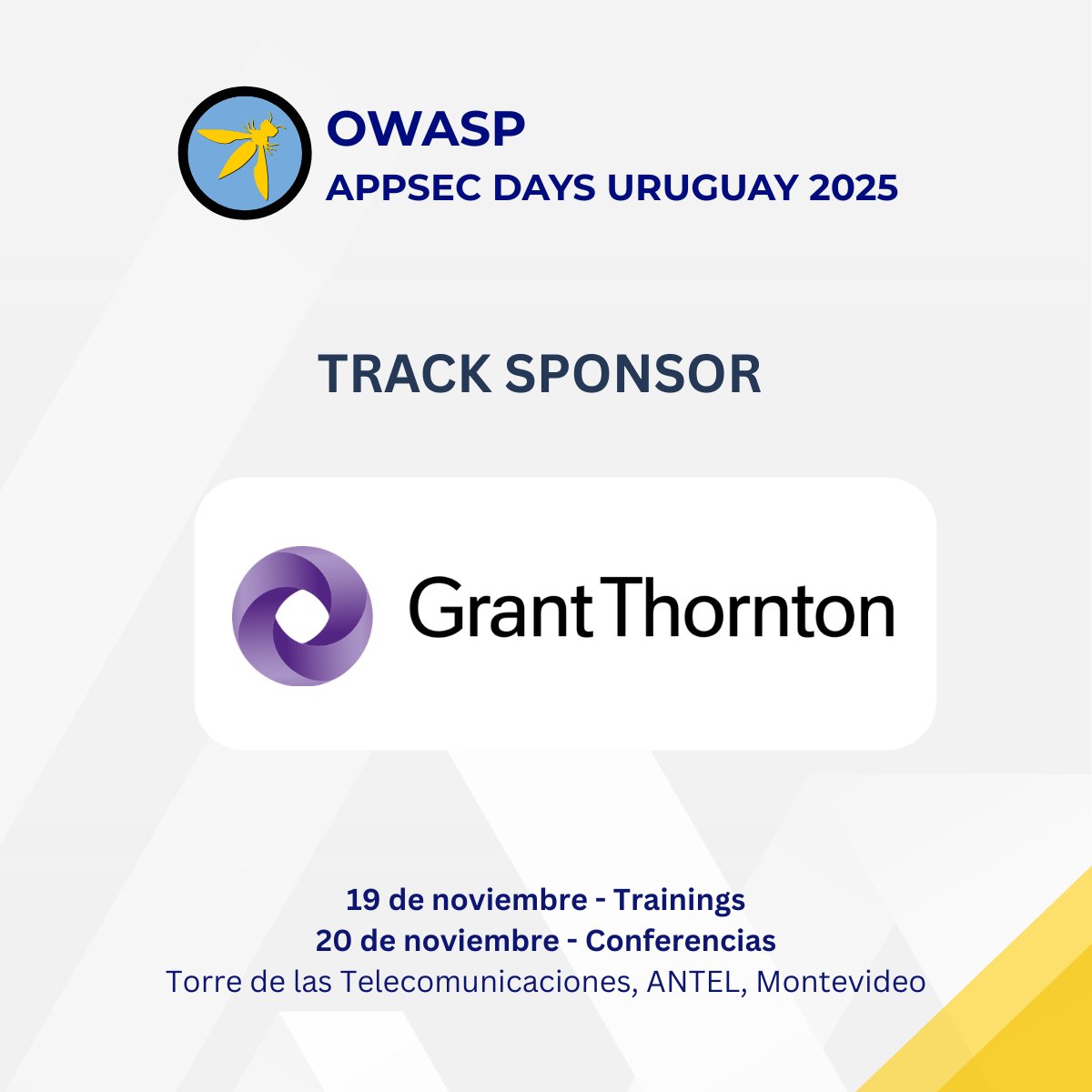 owasp_uy's tweet photo. Queremos agradecer a nuestros Track Sponsor en el OWASP AppSecDays Uruguay 2025

@UCUoficial 
@grantthorntonuy https://t.co/hTeCgTKclh