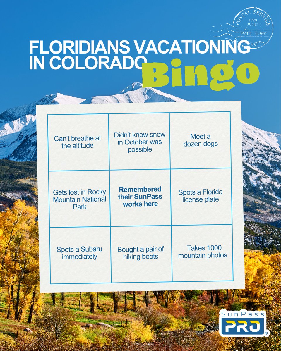 Your SunPass works in Colorado. Your ExpressToll Transponder works in Florida. 🙌✨

First time visiting? Consider this bingo card your official welcome guide. Every box is a memory (even the embarrassing ones).

Save this for your trip and see how many you check off! #SunPass