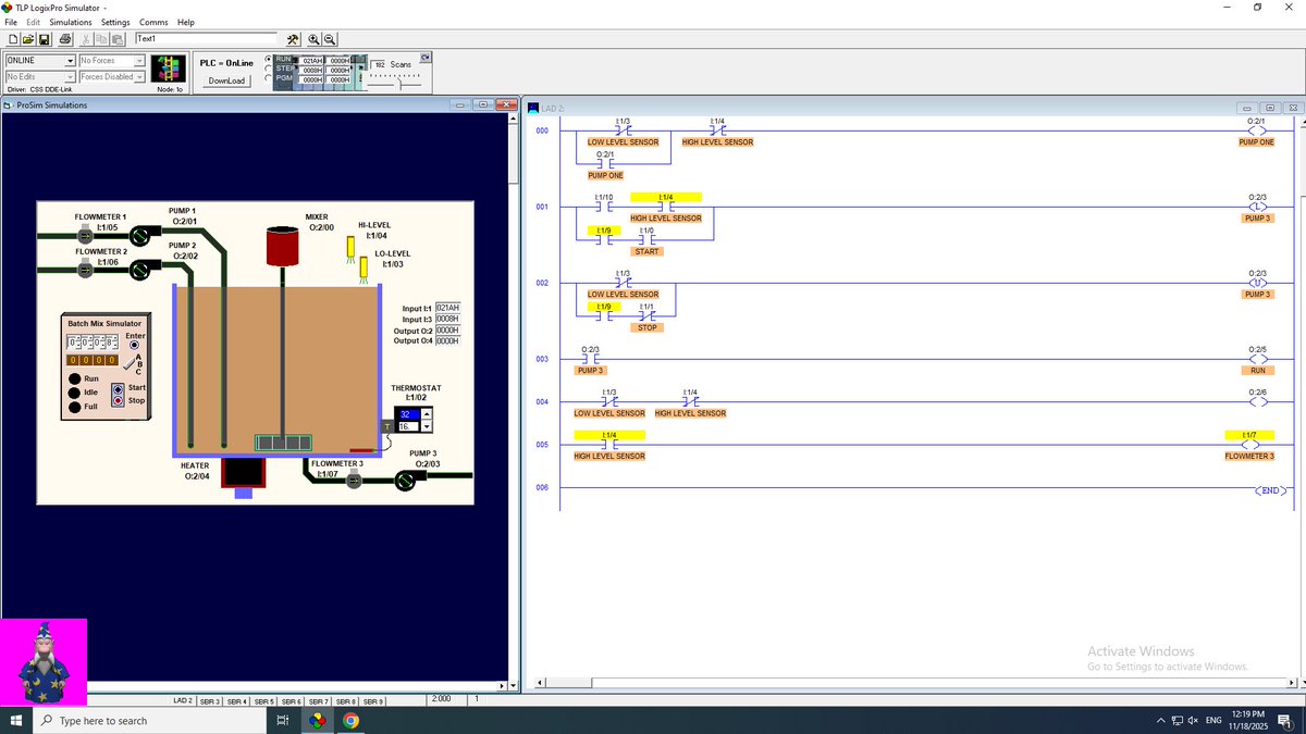 itsmightyhadz's tweet image. Today’s progress: designed &amp;amp; simulated a full Batch Mix process in LogixPro –
pumps → tank → heater → mixer → flowmeter 😜 
Next step: download to a real PLC 👀
#LadderLogic #PLCProgramming
