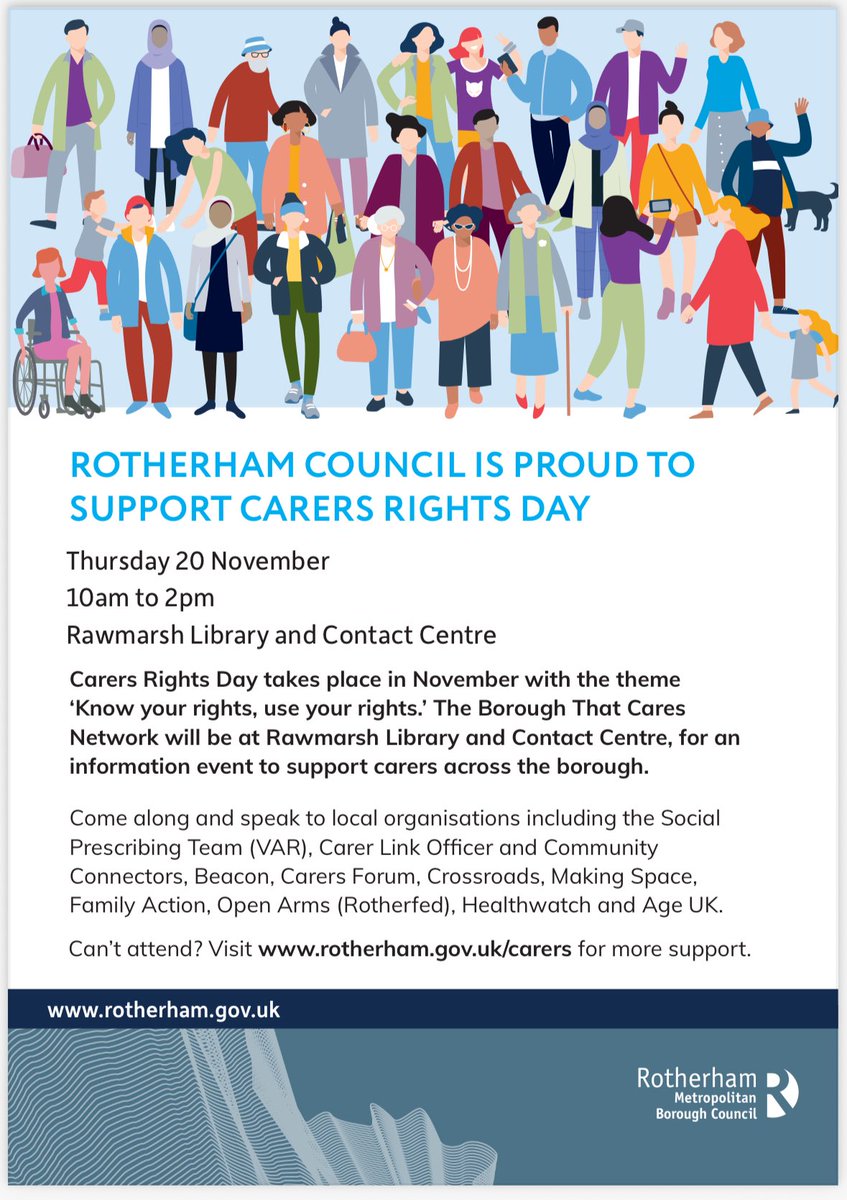 ChezzaGow's tweet image. Are you a carer either living in or caring for someone who lives in #Rotherham? As part of #carersrightsday you can visit Rawmarsh to find out what’s available in your local area. If you can’t get there head over to rotherham.gov.uk/carers 👇👇👇