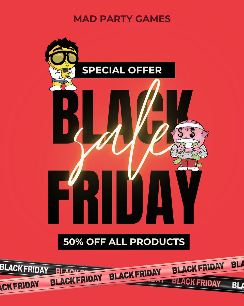 MadPartyGames's tweet photo. 50% OFF THE ENTIRE WEBSITE!

This year we're going big or going home. Therefore, we're offering 50% off this week for black friday ONLY. Click the link in our description now and buy our best selling games for your friends and loved ones.

#BlackFriday #blackfriday2025 #partygame https://t.co/I9e2baLj8M