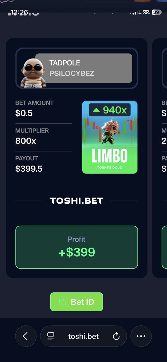 THANK YOU <a href="/ToshiBet/">Toshi.bet 🈺</a> last week was a 1000x this week is a 800x on Limbo ! Tadpole takeover 😂💪🏽 GODS CHOSEN