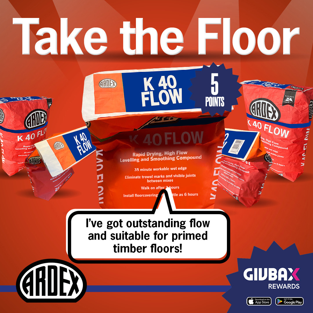 🌊 Take the Floor with ARDEX K 40 FLOW 

👊 Fast, smooth and effortless — this levelling &amp; smoothing compound gives you that perfect finish every time!

Find out more 👉 ow.ly/7YNH50XrEKW

 #K40FLOW #Levelling #GivBaxRewards #SubfloorPrep